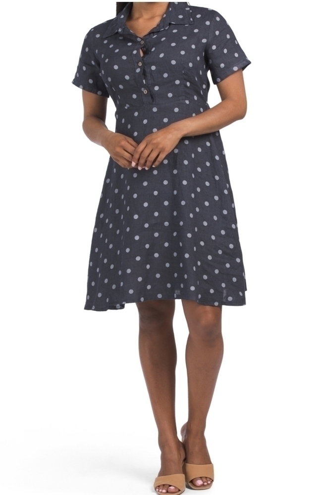 Laura Gotti Linen Tonal Dot Short Sleeve Dress